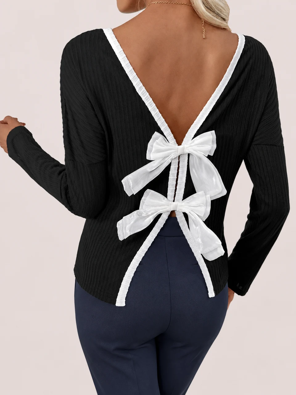 Camille Bow Top — Black — Worn back