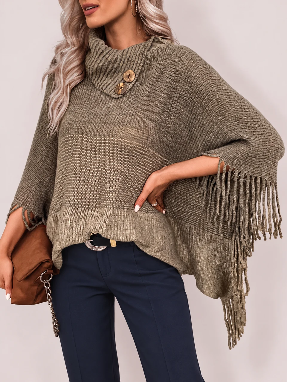 Noelle Fringe Poncho — Khaki — Front side