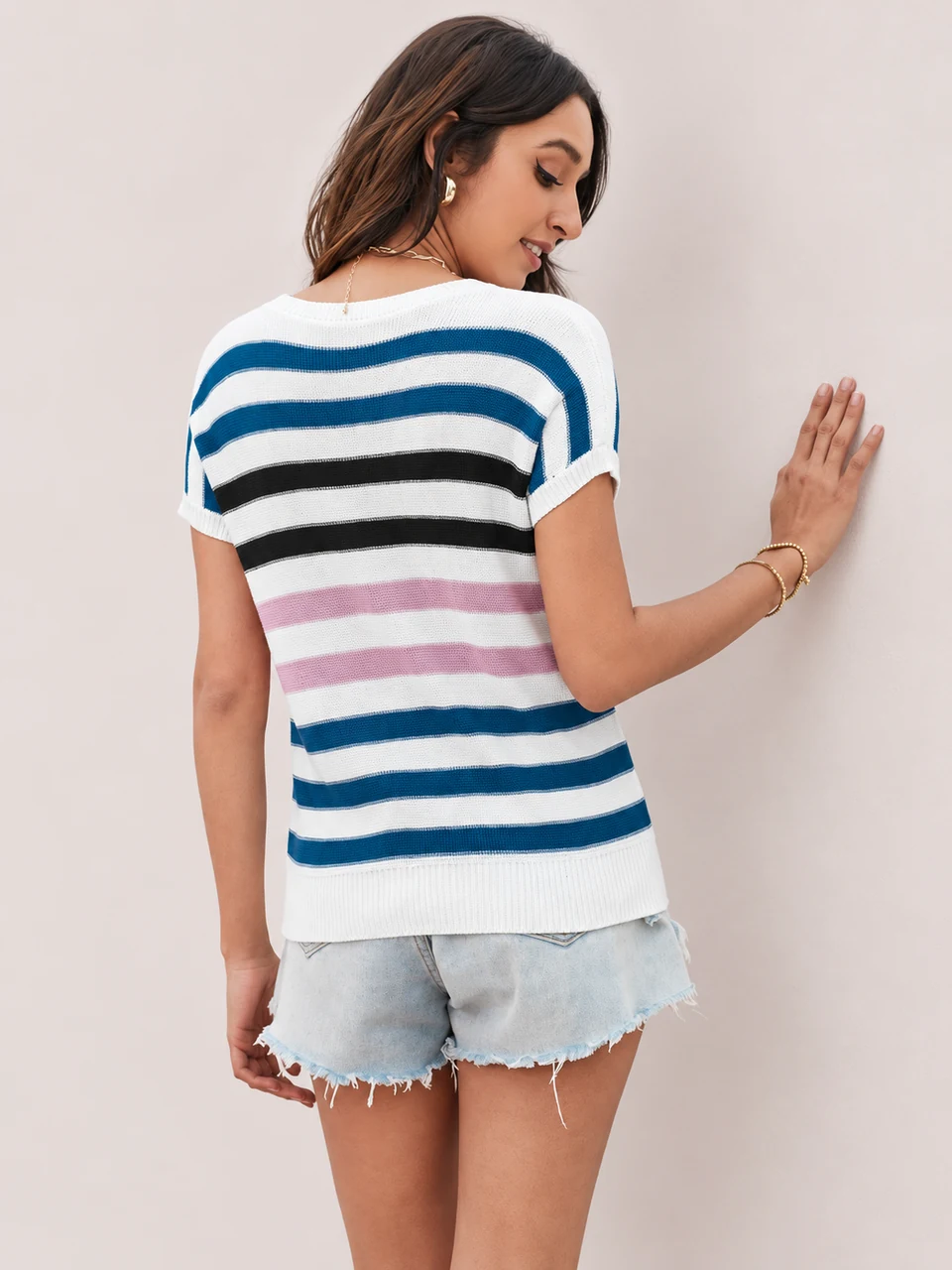 Ines Striped Knit Top — White — Worn back