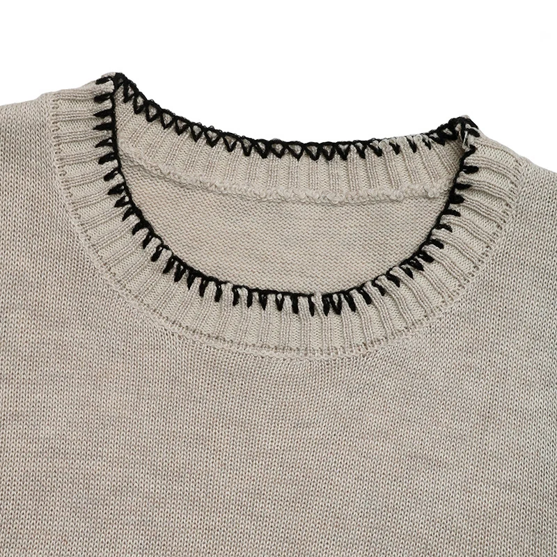 Estelle Contrast Knit Top — Khaki — Neckline detail