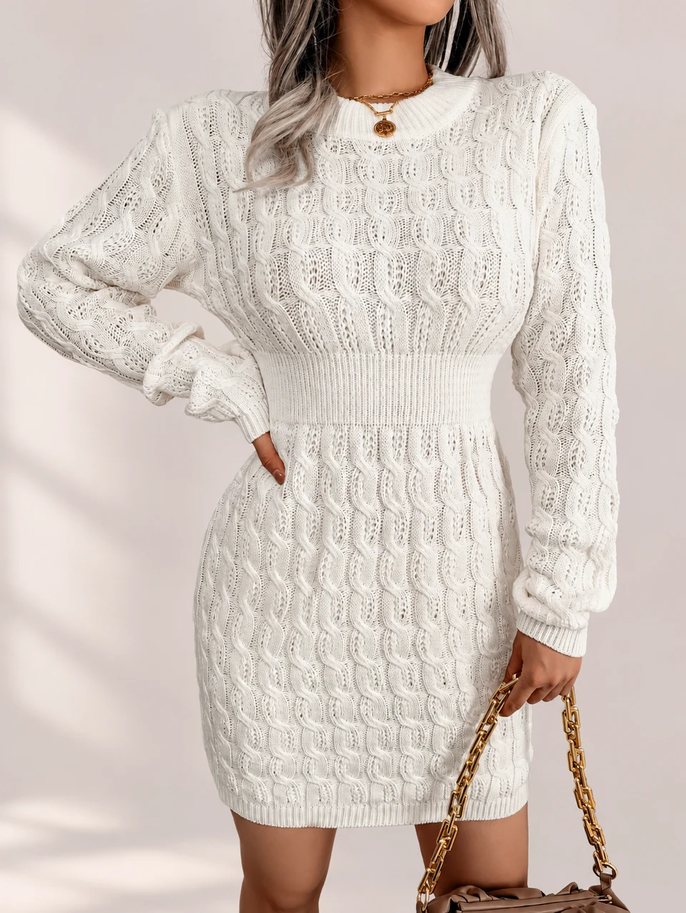 Estelle Cable Knit Dress — White — Product photograph