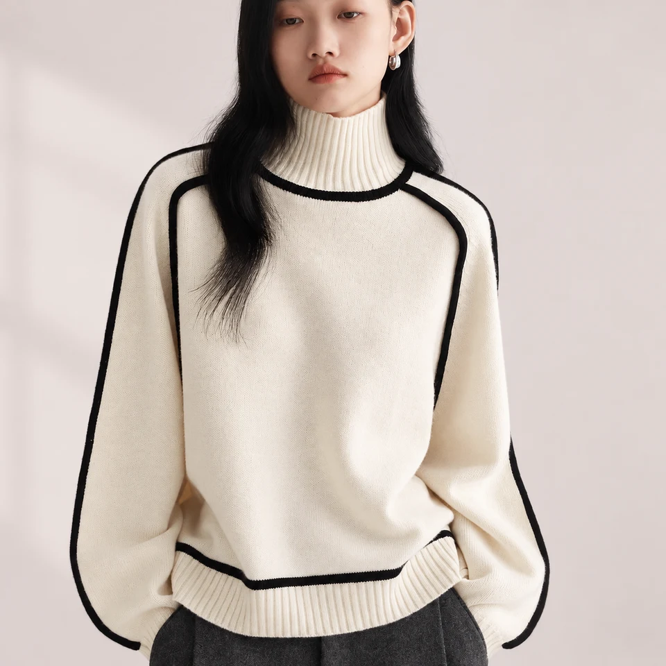 Sylvie Mock-Neck Knit Top — Cream — Worn front