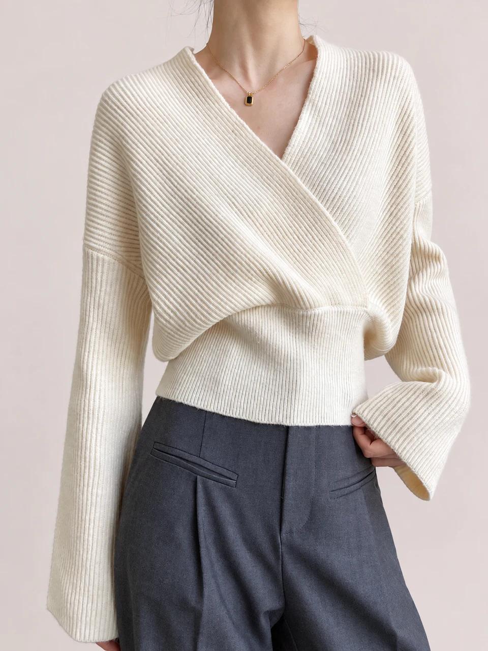 Rosalie Wrap Sweater — White — Product photograph