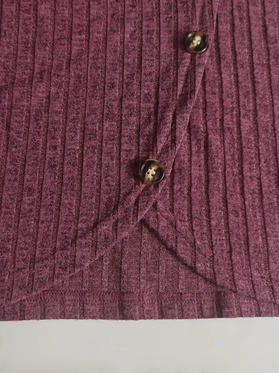 Audrey Button Ribbed Sweater — Wine Red — Button rib detail
