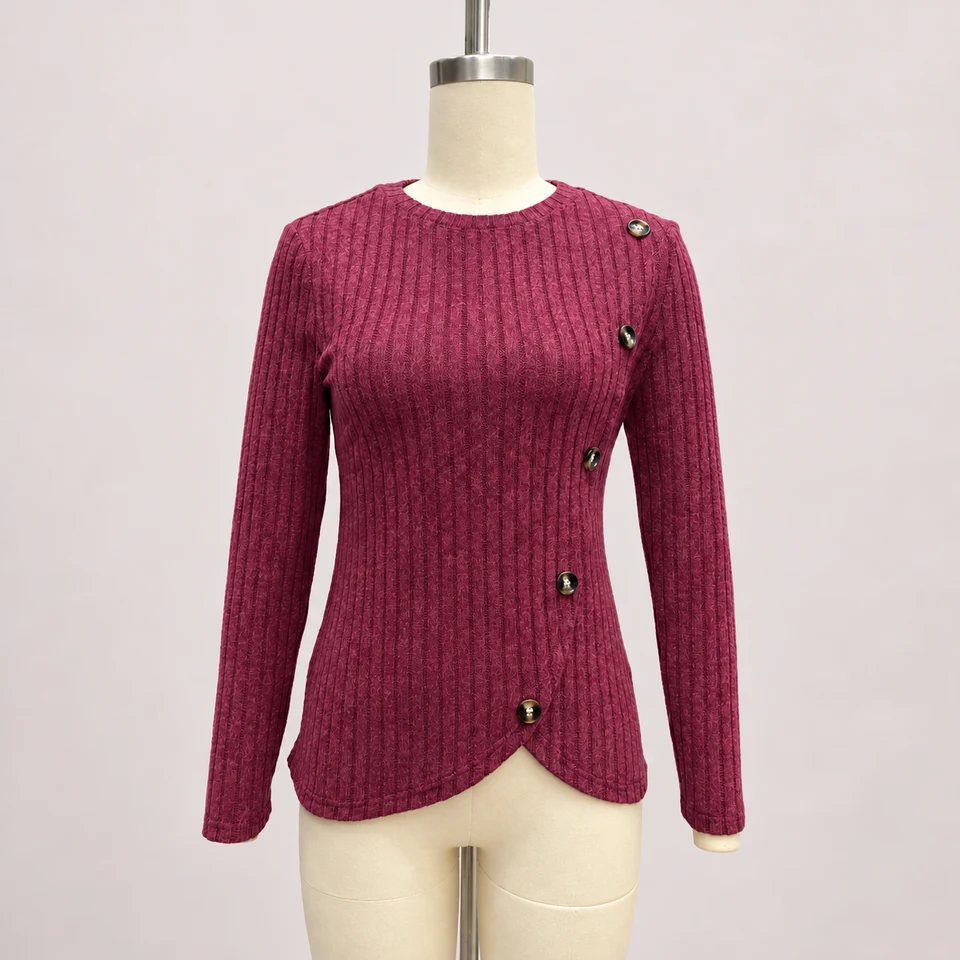 Audrey Button Ribbed Sweater — Wine Red — Product photograph