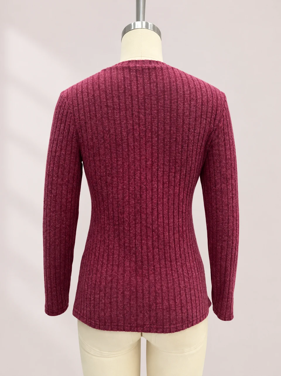 Audrey Button Ribbed Sweater — Wine Red — Product back