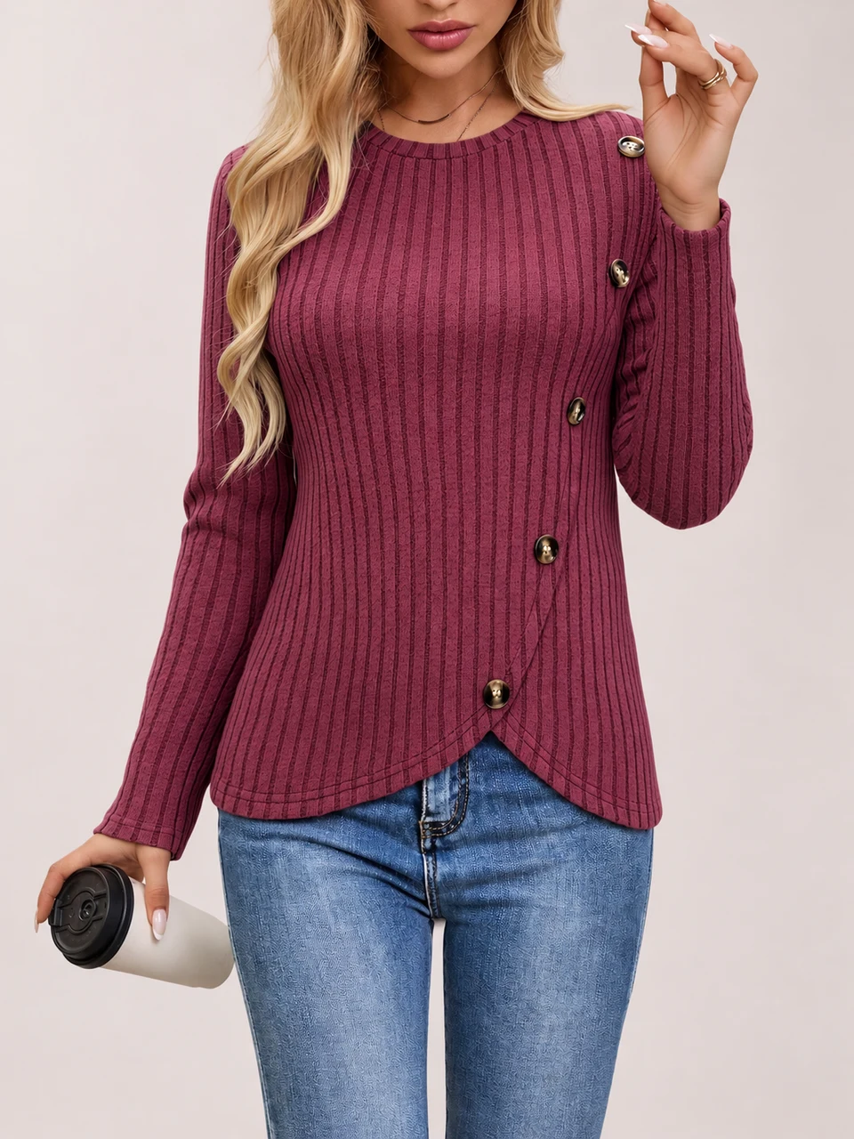 Audrey Button Ribbed Sweater — Wine Red — Worn front