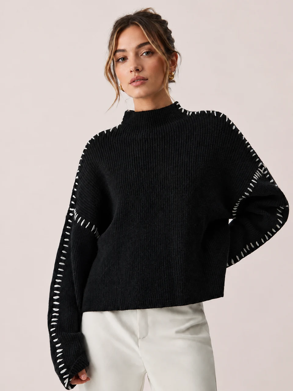Sylvie Mock-Neck Sweater — Black — Standing front