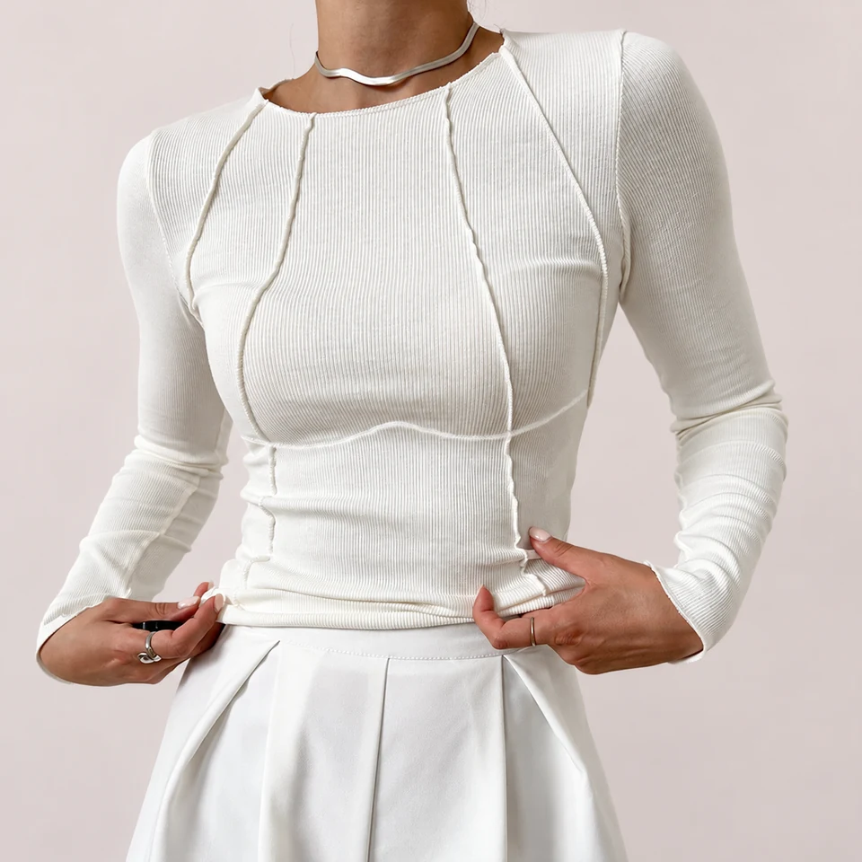Camille Ribbed Long-Sleeve Top — White — Worn front