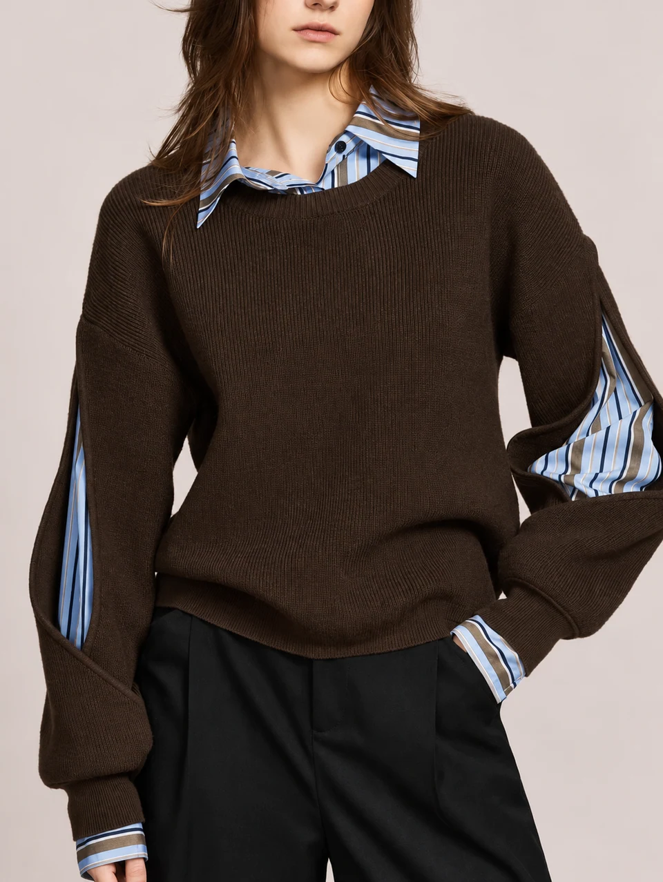 Audrey Ribbed Cutout Sweater — Dark Brown — Product photograph