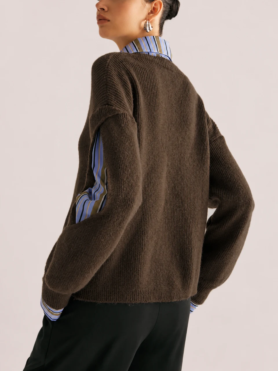 Audrey Ribbed Cutout Sweater — Dark Brown — Back