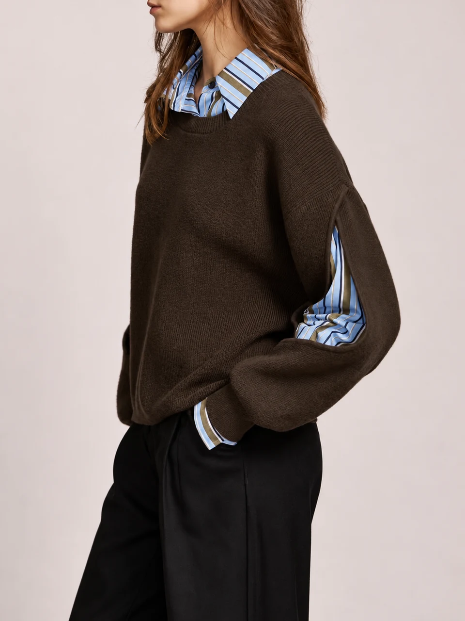 Audrey Ribbed Cutout Sweater — Dark Brown — Cutout detail