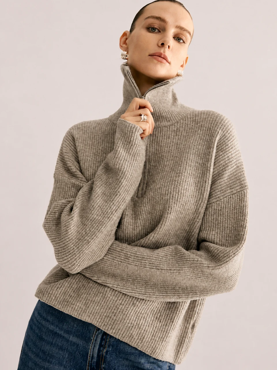 Ines Zip Sweater Set — Khaki — Zip collar detail