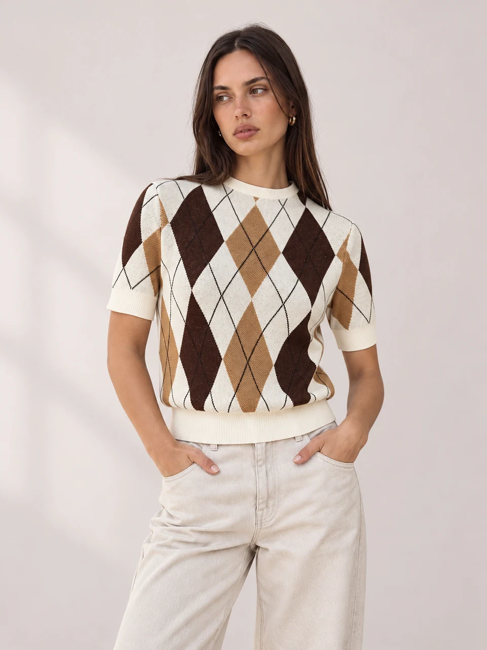 Laure Argyle Knit Sweater — Brown — Product photograph
